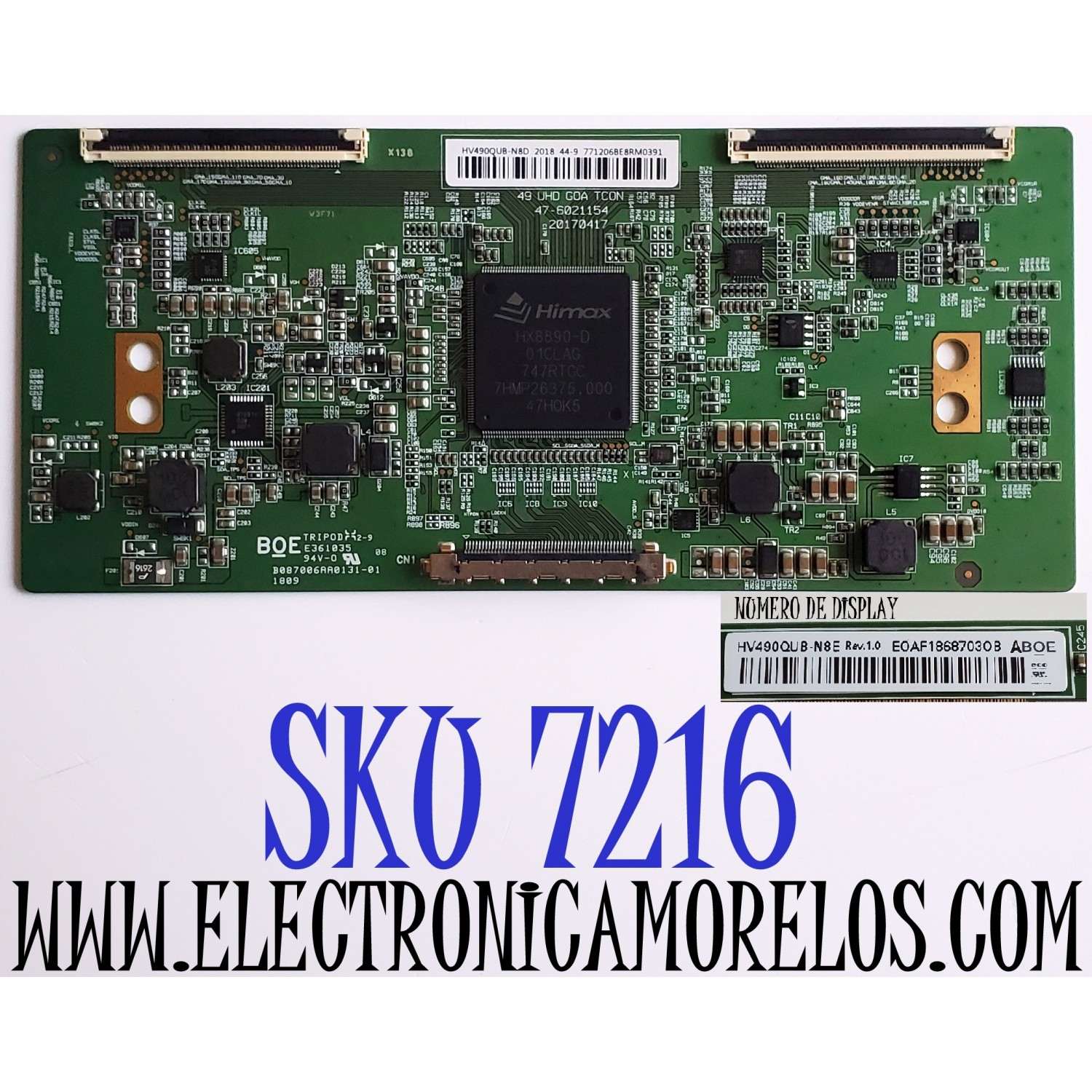 T-CON PARA TV VIOS / NUMERO DE PARTE 44-9771206B / 47-6021154 / HV490QUB-N8D / 20170417 / PANEL CN49CN7280 / DISPLAY HV490QUB-N8E / MODELO TV4919K - Imagen 1