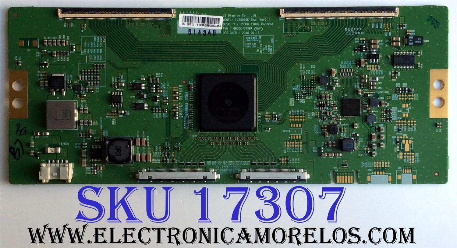T-CON PARA TV SONY BRAVIA / NUMERO DE PARTE 6871L-5143A / 6870C-0728A / LC750EQK-SKA1 / 5143A / PARTE SUSTITUTA 6871L-5143B / PANEL S750QF58 V8 / MODELO XBR-75X850E / XBR75X850E