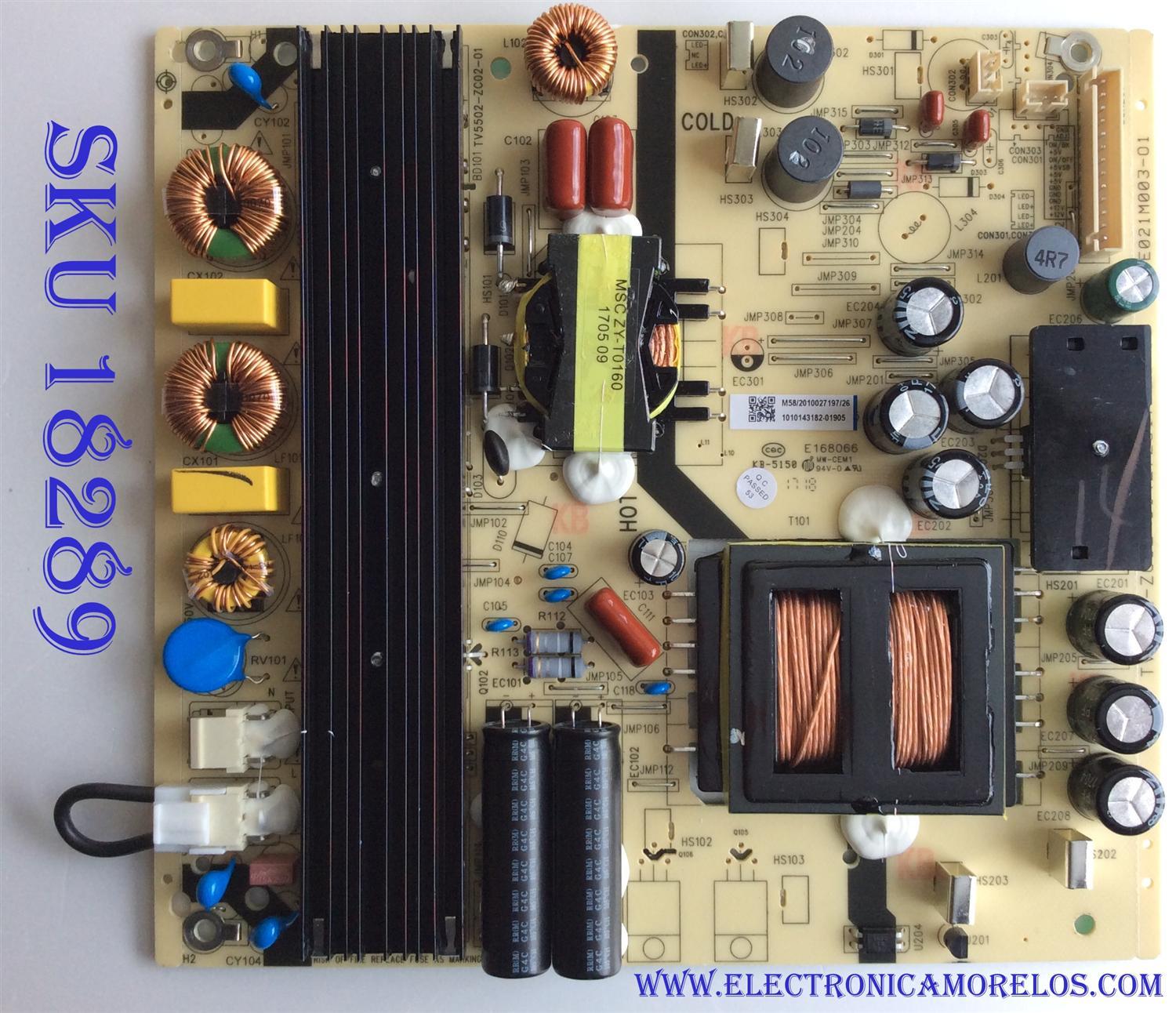 FUENTE DE PODER / JVC 1010143182 / TV5502-ZC02-01 / 1010143182-01905 / E021M003-01 / E168066 / PANEL LC546PU1L01 / MODELO LT-55MA770