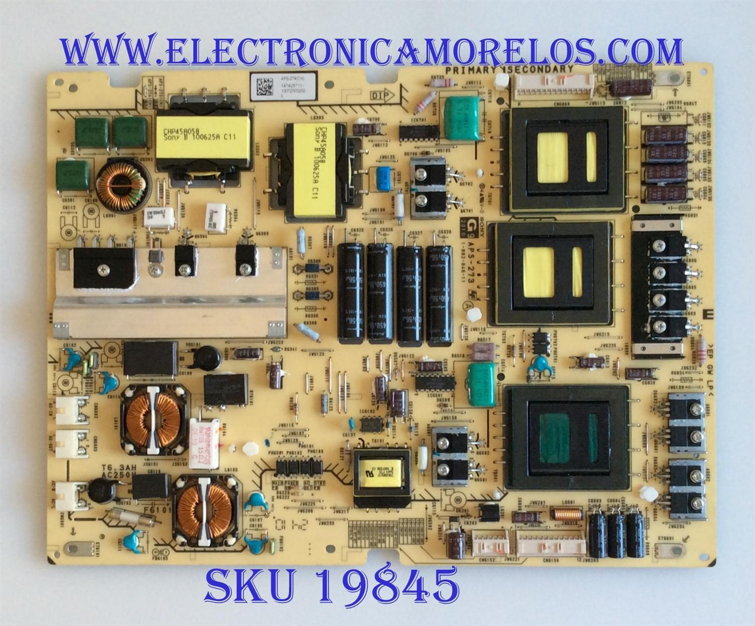 FUENTE DE PODER PARA TV SONY / NUMERO DE PARTE 147425711 / APS-273 / APS-274(CH) / 1-474-257-11 / 1-882-846-12 / PARTE SUSTITUTA 1-474-257-12 / PANEL LTW460HQ02 / MODELOS KDL-55NX810 / KDL-46NX711 / KDL-46NX810