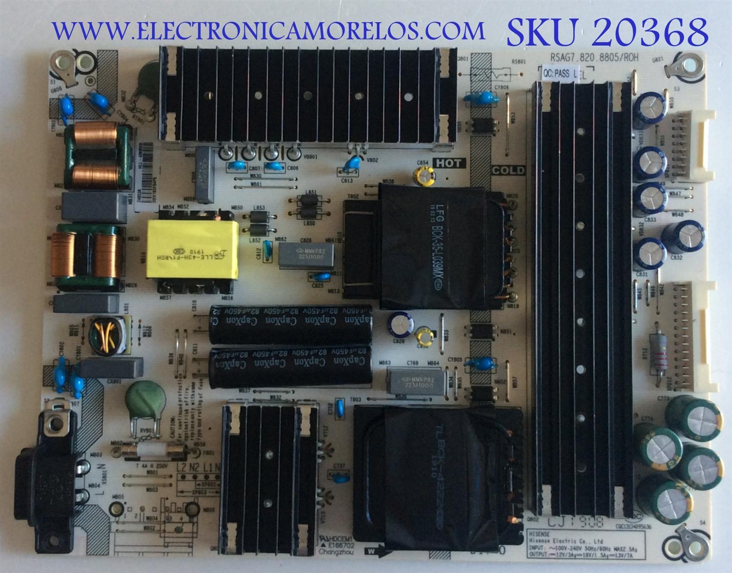 FUENTE DE PODER PARA TV HISENSE ULED / NUMERO DE PARTE 248338 / RSAG7.820.8805/ROH / HLL-4068WB / CQC13134095636 / E166702 / PANEL HD500V3U51-TAL3\S0\FJ\GM\ROH / DISPLAY T500QVN03.7 / MODELO 50H8F