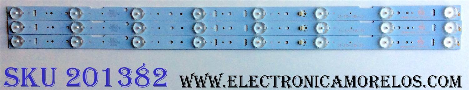 KIT DE LED´S PARA TV (3 PIEZAS) / UPSTAR ZH32D08-ZC14F-01 / 31-315-316-33 / E243157 / N285D-0 / 2010002593/B22 / 141015A2 / PANEL TH315L424 / MODELOS P32EA8 / P32EE7