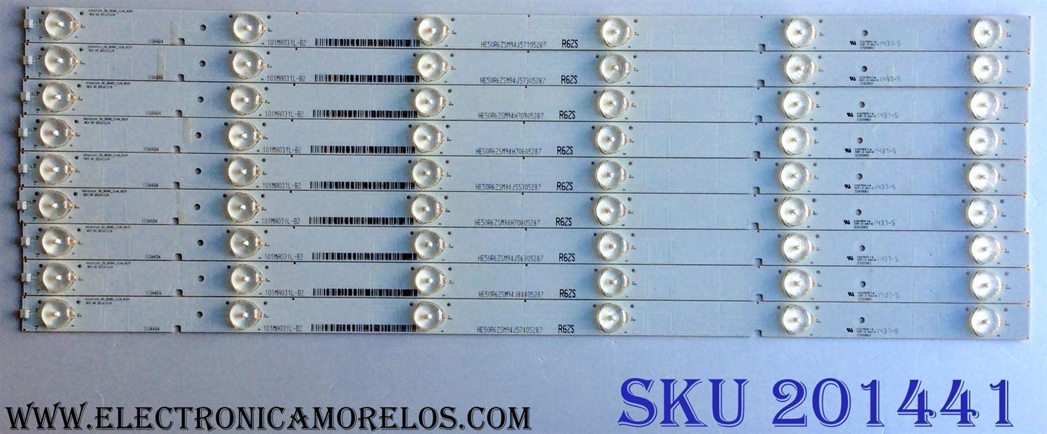 KIT DE LED´S PARA TV ((INCOMPLETO SOLO 9 PIEZAS)) / INSIGNIA HE50R6ZSM94J / 101MA031L-B2 / 1134484 / HISENSE_50_3030C_11x6_6S1P / PANEL HD500DF-B57(010)\T1\S1\GM\ROH / MODELO NS-50D550NA15	