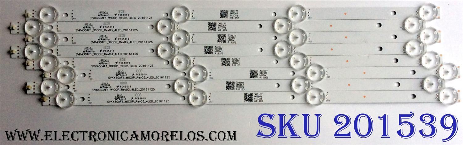 KIT DE LED´S PARA TV TOSHIBA (8 PIEZAS) / SVK430AF1_WICOP_REV03_4LED_20161125 / PC65019 / PC65019B / J0310T / M1DY1 A111F3 / M1DY1A111F3 / PANEL`S K430WDRA / K430WDRB / K430WDRD / MODELOS 43LF621U19 / 43LF621U19 Rev.A