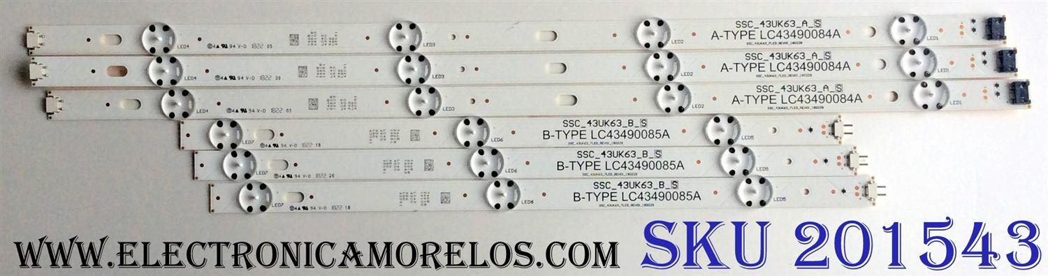 KIT DE LED´S PARA TV LG ((6 PIEZAS)) / NUMERO DE PARTE SSC_43UK63_A_S / SSC_43UK63_B_S / SSC_43UK63_7LED_REV01_180228 / LGD43091 / A-TYPE LC43490084A / B-TYPE LC43490085A / PANEL NC430DGG / NC430DUE / MODELOS 43UK6200PUA-UA / 43LM5700PUA / 43UN7000PUB