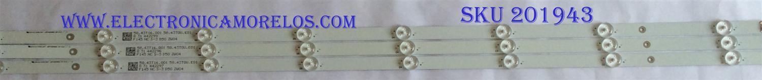 KIT DE LED´S PARA TV ( 3 PIEZAS ) / SAMSUNG / 58.43T16.001 / LBM430M0801-DM-3 (0) / 58.43T0U.E01 / MODELO UN43NU6900FXZA AZ02 