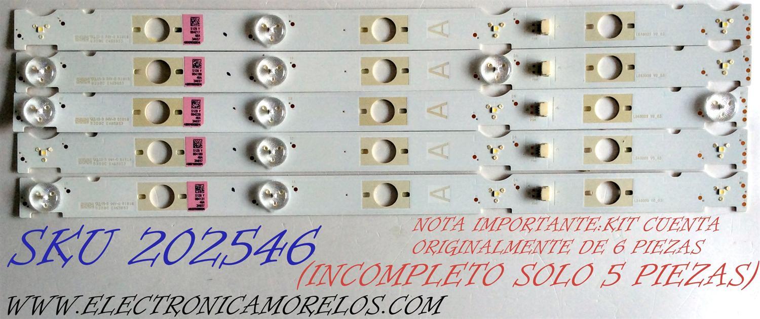 KIT DE LED´S PARA TV / NOTA IMPORTANTE:KIT CUENTA ORIGINALMENTE DE 6 PIEZAS (INCOMPLETO SOLO 5 PIEZAS) / SONY LB48009 / LB48009 V0_03 / 480090000N / E465853 / 8381C / LB48009 V1_04 / 480090010N / PANEL´S NS6F480DND06 / NS6F480DND01 / MODELO KDL-48W650D