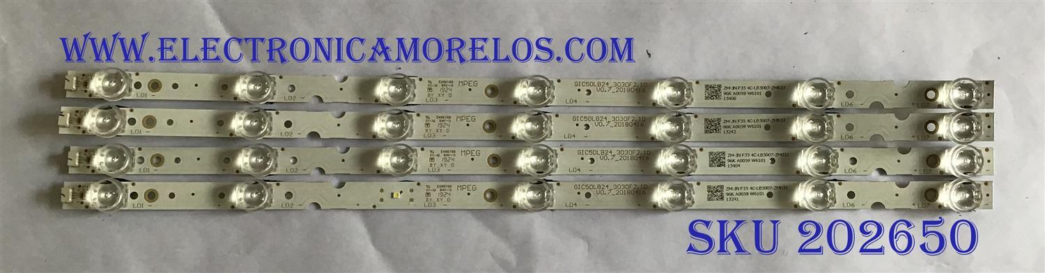 KIT DE LED´S PARA TV TCL (4 PIEZAS) / GIC50LB24 / GIC50LB24-3030F2.1D / V0.7_20180416 / 4C-LB5007-ZM03J / 96K A0059 W6101 / PANEL LVU500NDEL / MODELO 50S423