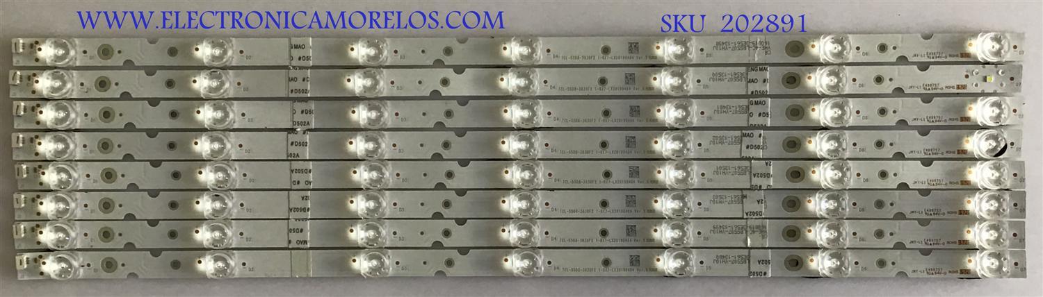 KIT DE LED'S PARA TV TCL ( 8 PIEZAS ) / TCL-55D8-3030F2 / YHE-4C-LB5507-YH10J / 1-8X7-LX20190404 / PANEL LVU550NEBL / MODELO 55S525