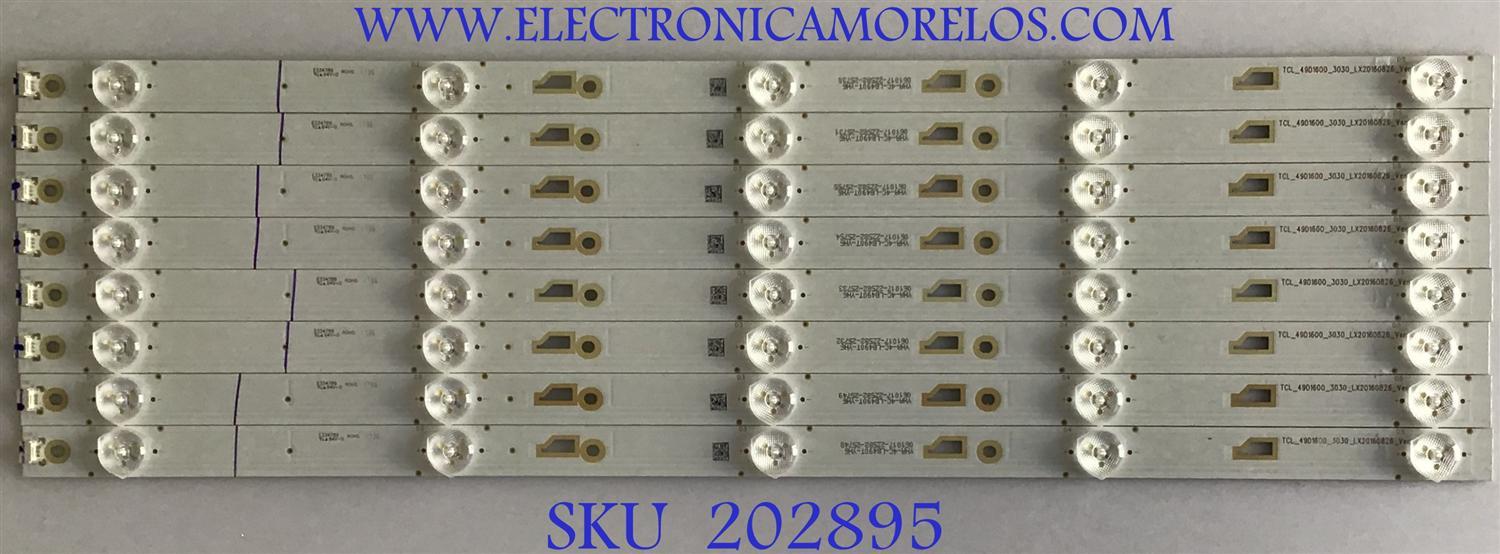 KIT DE LED'S PARA TV HITACHI ((8 PIEZAS)) / NUMERO DE PARTE 49D1600 / LX20160826 / TCL_49D1600_3030_LX20160826_VER.2 / 4C-LB490T-YH6 / 061017-2Z582 / PANEL LVF490LGDX E1 / MODELO 49E30