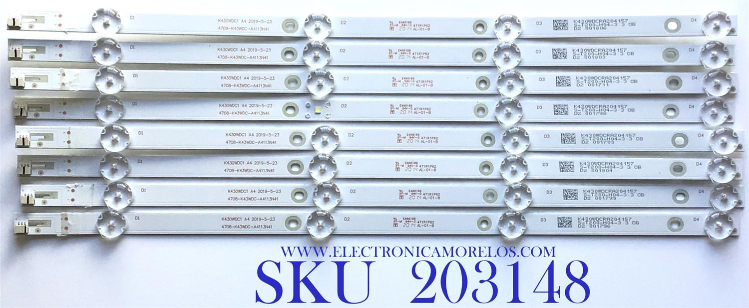KIT DE LED'S PARA TV TOSHIBA (8 PIEZAS) / NUMERO DE PARTE  T430QCN03.0 / K430WDC1 / 4708-K43WDC-A4113N41 / 471R1P62 / K430WDCRA204 / K430WDC1  A4 / E466169 / AL-01-B / PANEL T430QCN03.0 / MODELO 43LF621U21
