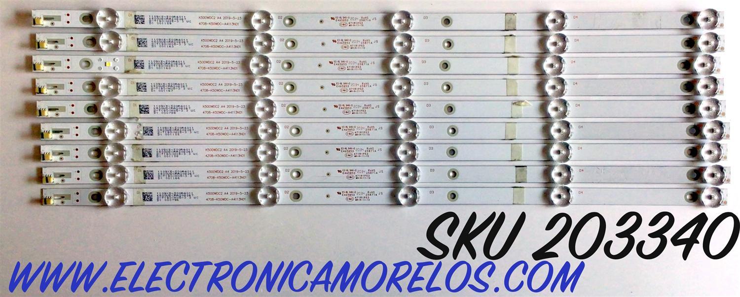 KIT DE LEDS PARA TV TOSHIBA ORIGINAL 9 PIEZAS / NUMERO DE PARTE K500WDC2 A4 / 4708-K50WDC-A4113N01 / 471R1P53 / 1109X5-500R4021 / K500WDCRA 20C398 / ROHS 25871A / PANEL T500QVN03.7 / MODELO 50LF621U21 / PN50951-22U
