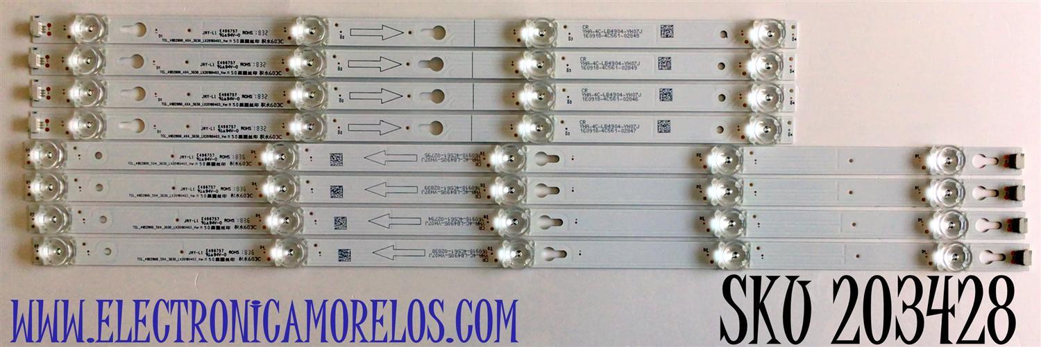 KIT DE LED'S PARA TV TCL (8 PIEZAS) / NUMERO DE PARTE 49D2900 / TCL_49D2900_5X4_3030_LX20180403 / TCL_49D2900_4X4_3030_LX20180403 / YHA-4C-LB4905-YH / PANEL LVU485ND1L / MODELO 50S431