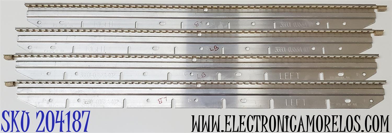 KIT DE LED'S PARA TV INSIGNIA ((4 PIEZAS)) / NUMERO DE PARTE 6920L-0050B / 6920L-0050A / 3660L-0352A 402 / 3660L-0353A 402 / 100507 / GBB09Q0A25 / PANEL LTA400HM07 / MODELO NS-40L240A13