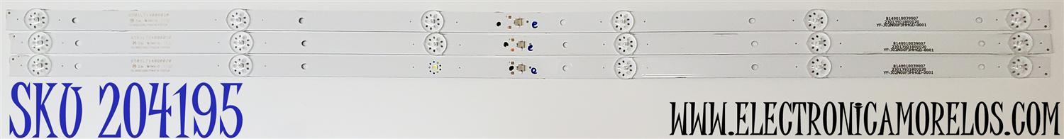 KIT DE LED'S PARA TV COBIA ((3 PIEZAS)) / NUMERO DE PARTE 6501L714000020 / 12-385C3X6-714X14-170724 / 8149010039007 / 23013901800020 / YF-J02N00F3HHGD-0001 / PANEL CN385CN0520 / MODELO CLEDTV3917SM