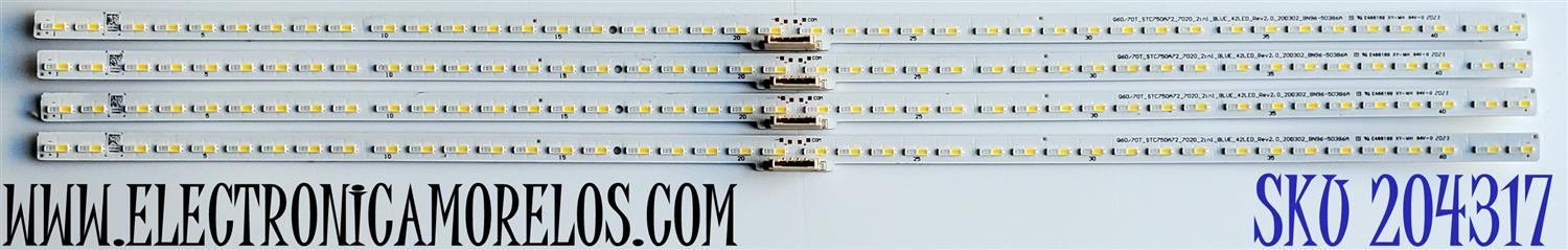 KIT DE LED'S PARA TV SAMSUNG ((4 PIEZAS)) / NUMERO DE PARTE BN96-50386A / Q60/70T_STC750A72_7020_2in1_BLUE_42LED_REV2.0_200302_BN96-50386A / 50386A / PANEL CY-RT075HGHV2H / MODELOS QN75LS03 / QN75Q60 / QN75Q6D / QN75Q70 / QN75Q7D / HG75TS03