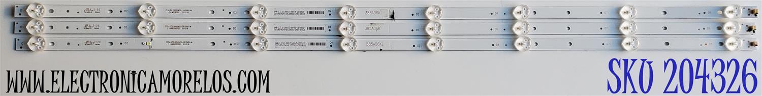 KIT DE LED'S PARA TV QUASAR ((3 PIEZAS)) / NUMERO DE PARTE SJ.DZ.D3850402-2835BS-M / 1.14.MD385021 / 201218 / 385A06K / 0A4R-1.17.01.0000172-000-D5-136T08V2C / 210714D5-02040-DK.D385S02-24565-DR1026 / PANEL DXLC390TA2A / DISPLAY LC390TA2A / MODELO Q39HD1
