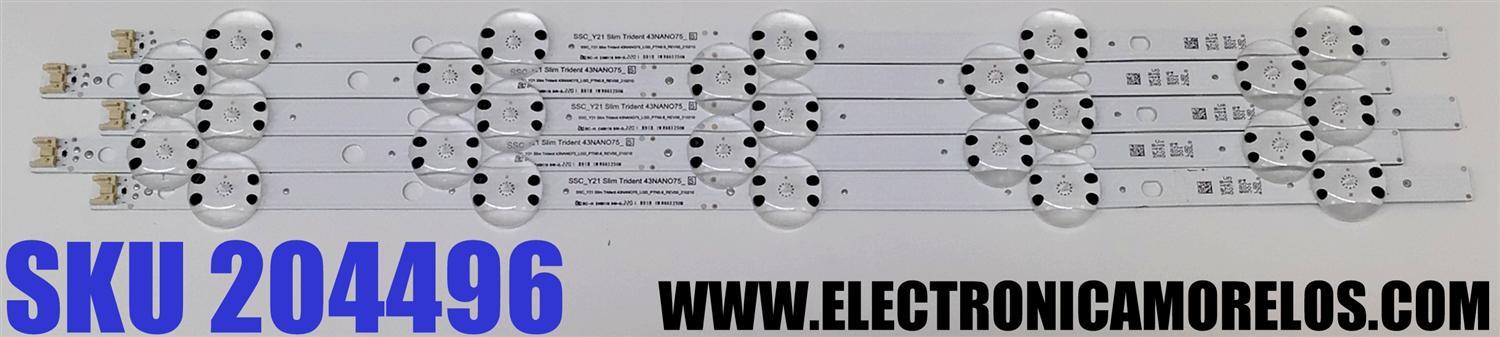 KIT DE LED'S PARA TV LG ((5 PIEZAS)) / NUMERO DE PARTE EAV65034301 / SSC_Y21 Slim Trident 43NANO75_S / SSC_Y21 Slim Trident 43NANO75_LGD_PTN0.6_REV00_210210 / SSC_Y21 Slim Trident 43NANO75_S / LC430DQC (SP)(A1) / MODELO 43NANO75UQA / 43NANO75UQA.BUSYLJM - Imagen 1