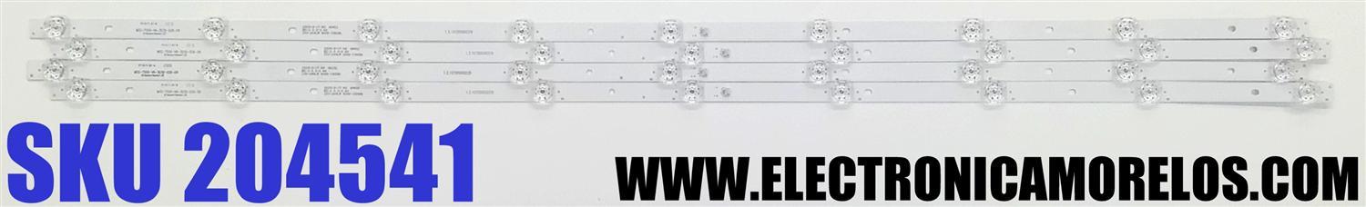 KIT DE LED'S PARA TV EVL ((4 PIEZAS)) / NUMERO DE PARTE MSG-T500-V6-3030-026-09 / 1.3.10700000229 / PC67181B / 914mm*14mm*1.0T / 240-250LM / 9000-13000K / B5-2 3.3-3.4V / PANEL CV500U2-T01 / DISPLAY CV500U3-L01 / MODELOS 50EVLS4 / K50DLG12U / AK50H1485