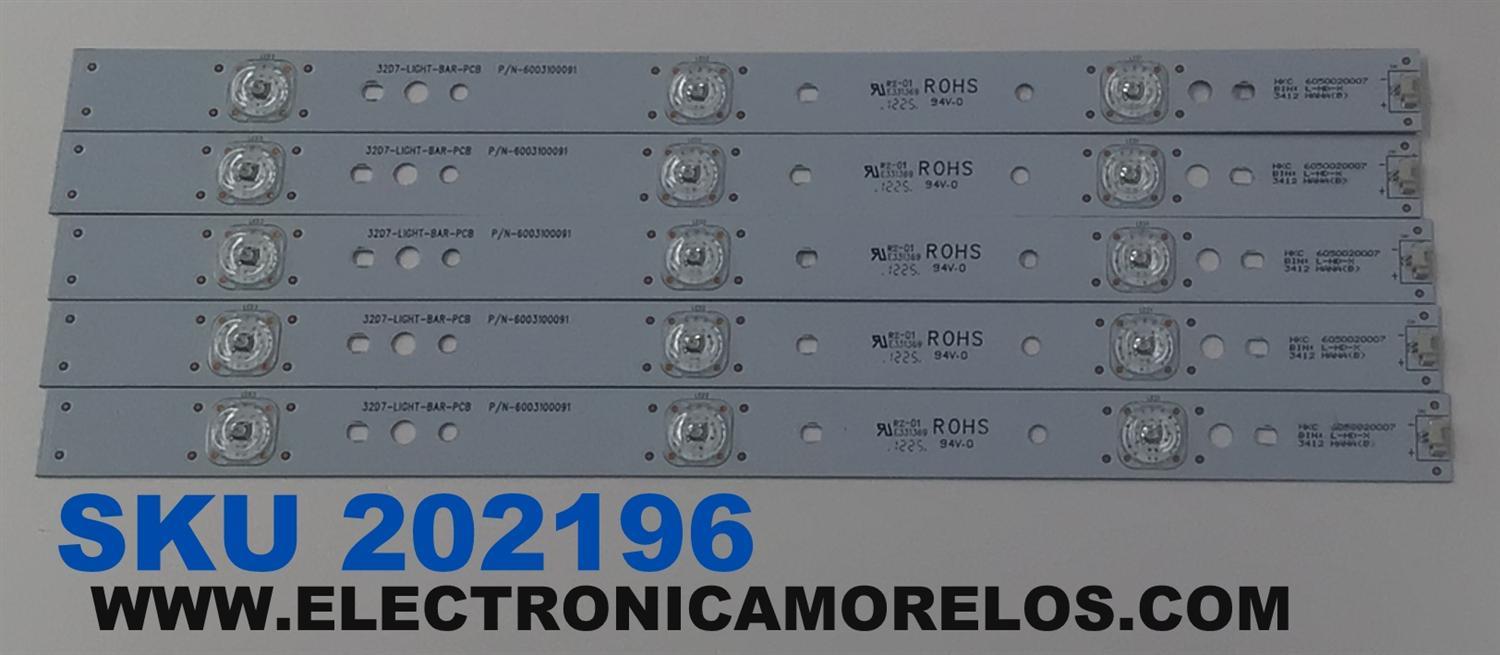KIT DE LEDS PARA TV PROSCAN ORIGINAL 5 PIEZAS / NUMERO DE PARTE 6050020007 / 6003100091 / 32D7-LIGHT-BAR-PCB / E331369 / PANEL HK315WLEDM-BH28H / DISPLAY HV320WX2-201 / MODELO PLDED3273A-B - Imagen 1