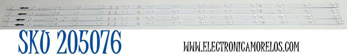 KIT DE LEDS ORIGINAL PARA TV PHILIPS 4 PIEZAS / NUMERO DE PARTE 303TC550071D / TCL55D14-ZC42G-10 / 4L-ZX055T-ZC018C / 2300022879 / 240411AB02 / TC550MA7 / PANEL LVU550CSDX E1006 / T8-55D6171-LPFY008 / DISPLAY ST5461D12-6 VER.2.2 / MODELO 55PUL7973/F7