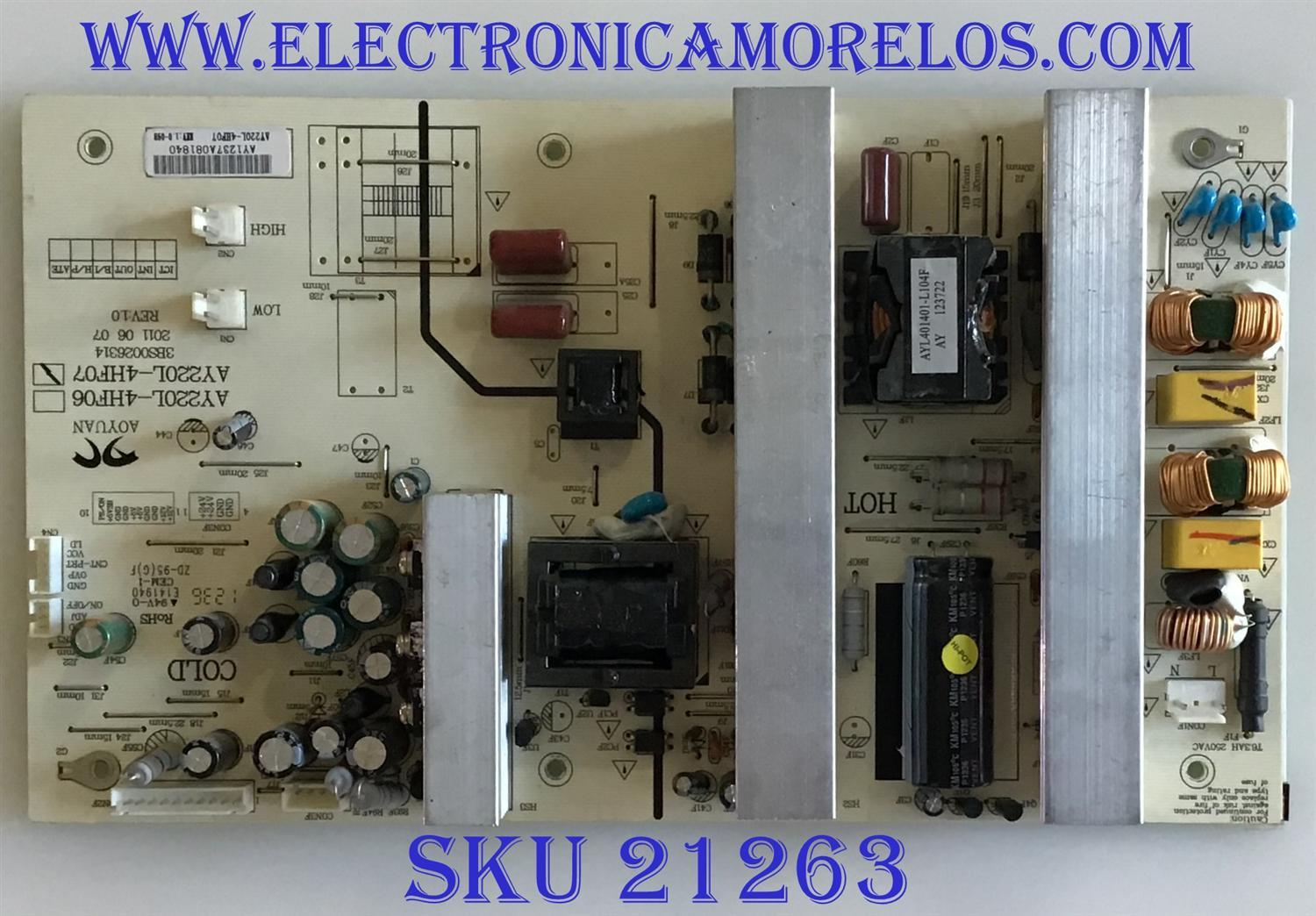 FUENTE DE PODER SCEPTRE / AY220L-4HF07 / 3BS0026314 / AY1237A08 / PANEL V400H1-L12 REV. C1 / MODELO X405BV-FHD