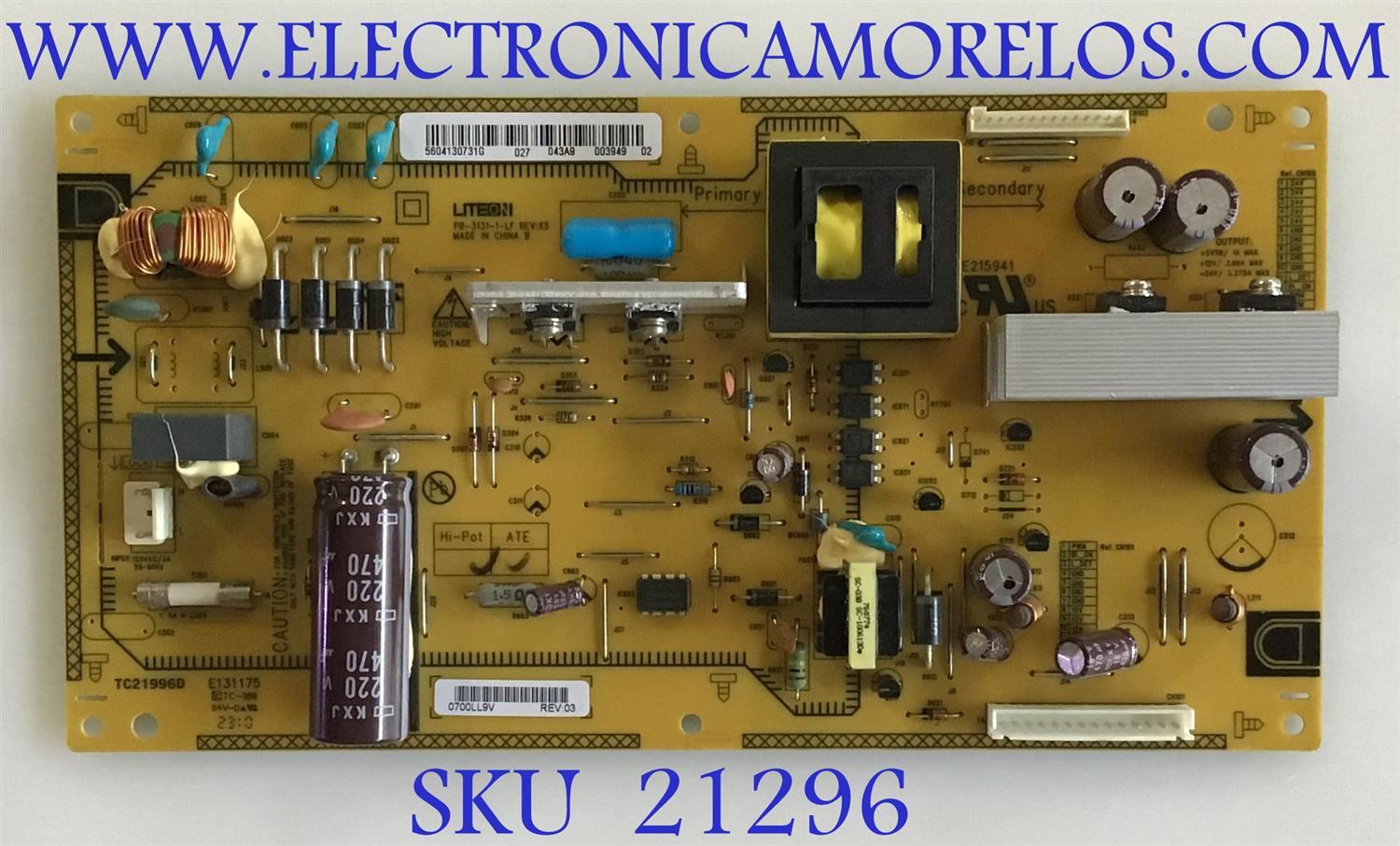 FUENTE DE PODER INSIGNIA / 56.04130.731 / PB3131-1-LF / 5604130731 / PANEL T315HW04 V.4 / MODELOS NS-32L450A11 / NS-26L450A11