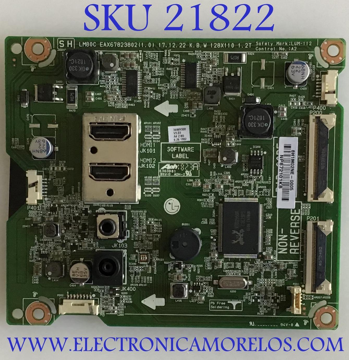 MAIN MONITOR LG / EAX67823802(1.0) / NP872101KB / PANEL LGM340FS41 / MODELO 34WK500-P.AUSLESN