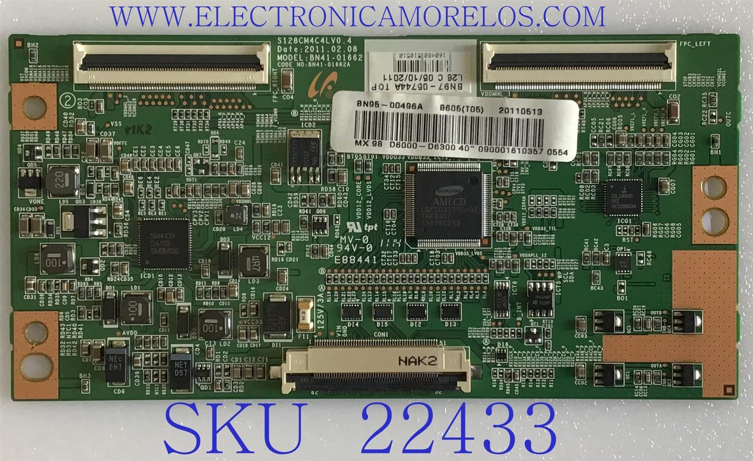 T-CON PATA TV SAMSUNG / BN95-00496A / BN41-01662A / BN97-05744A / PANEL LTJ400HF1-J / MODELO UN40D6000SFXZA H302