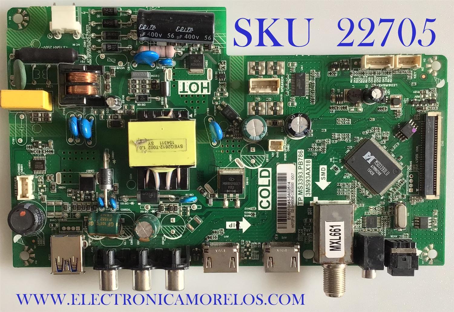 MAIN FUENTE PARA TV HKPRO  02-SH893B-C003000 / B16010045 / TP.MS3393.PB786 / 3MS93AX18 / MODELO HKP32F16 / ESTA TARJETA ES CHINA Y ES UTILIZADA EN DIFERENTES MARCAS Y MODELOS / ENTRAR A DESCRIPCIÓN DEL PRODUCTO