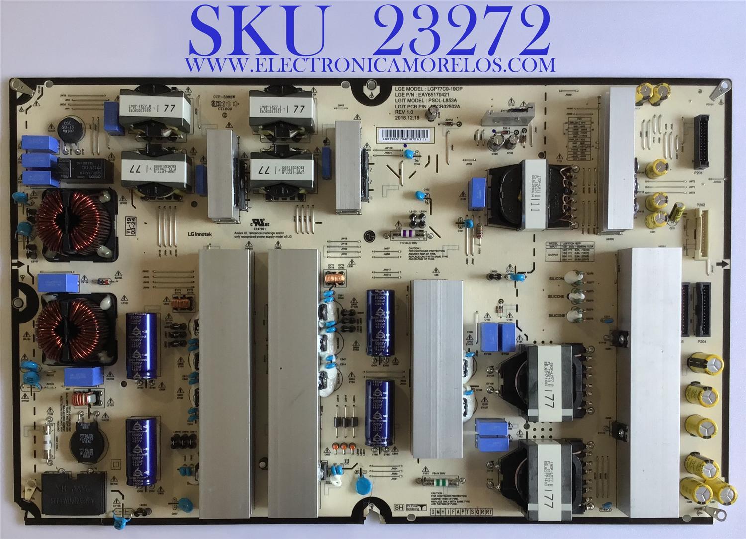 FUENTE DE PODER PARA SMART TV LG / EAY65170421 / LGP77C9-19OP / 3PCR02502A / PSOL-L853A / 65170421 / PANEL LE770AQD (AM)(A1) / MODELO OLED77C9AUB.BUSYLJR