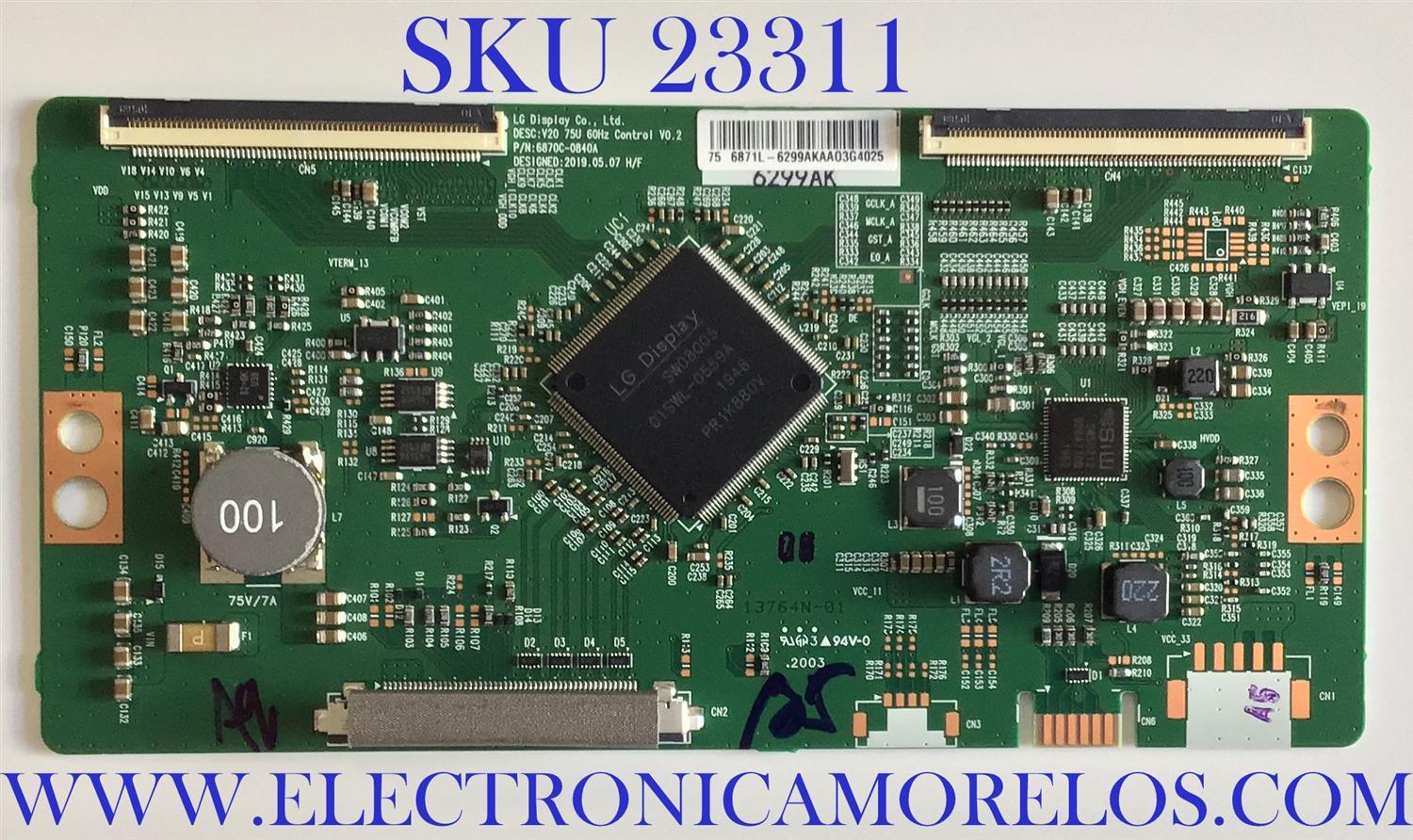 T-CON PARA TV SONY / NUMERO DE PARTE 6871L-6299A / 1-007-129-11 / 6870C-0840A / 6299A / PANEL YSAF075CNG01 / DISPLAY LC750EQY (SN)(A1) / MODELOS XBR-75X800H / XBR75X800H / XBR-75X81CH / XBR75X81CH / KD-75X80J / KD75X80J / KD-75X80CJ / KD75X80CJ