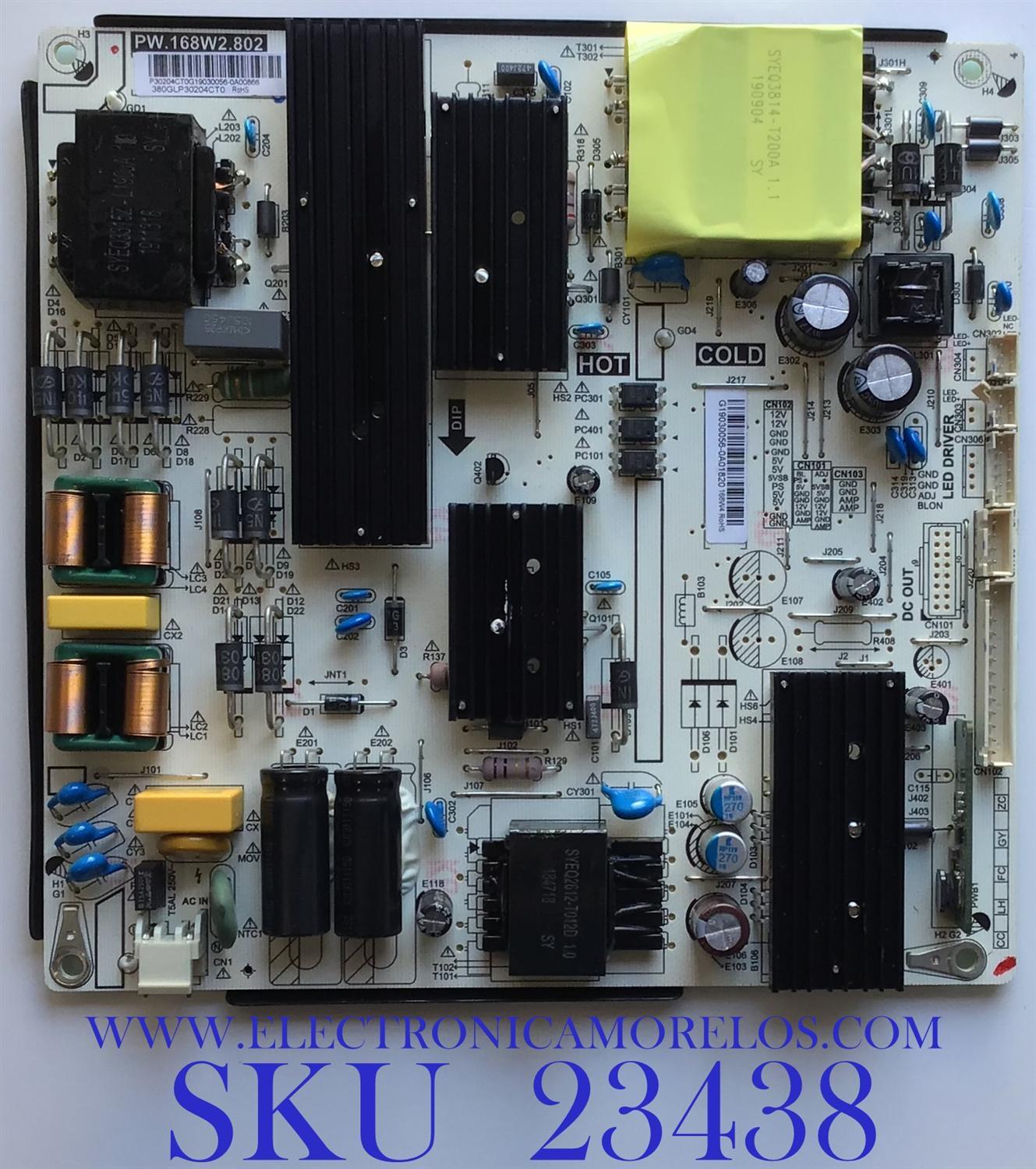 FUENTE DE PODER PARA TV ONN / 380GLP30204CT0 / PW.168W2.802 / G19030056 / P30204CT0G19030056 / PANEL TPT650J1-QUBF90.K REV:9WP0B / MODELO ONA65UB19E07