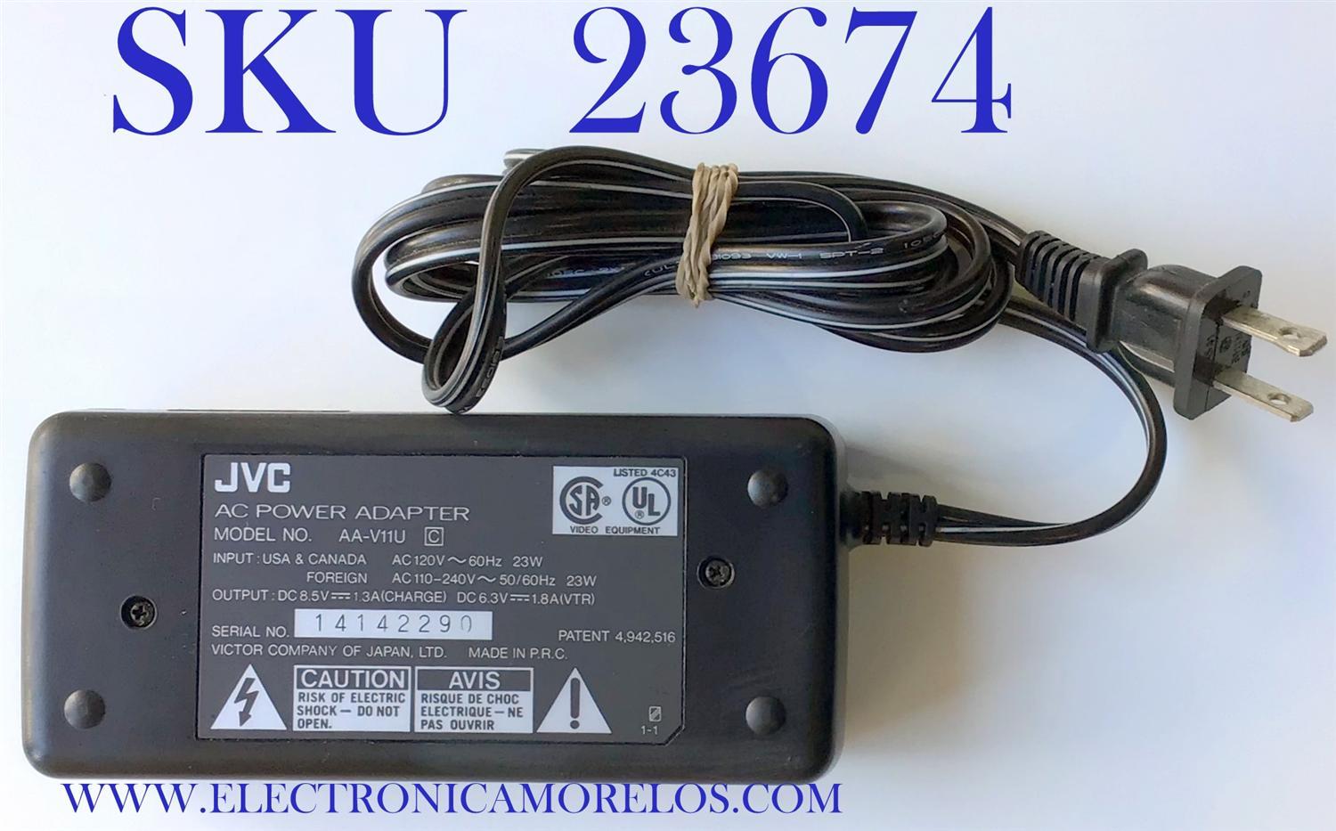 ADAPTADOR JVC VCA / NUMERO DE PARTE AA-V11U / MODELO AA-V11U / ENTRADA VCA AC110-240V～50/60㎐ 23W / SALIDA VCD 8.5V-1.3A	
