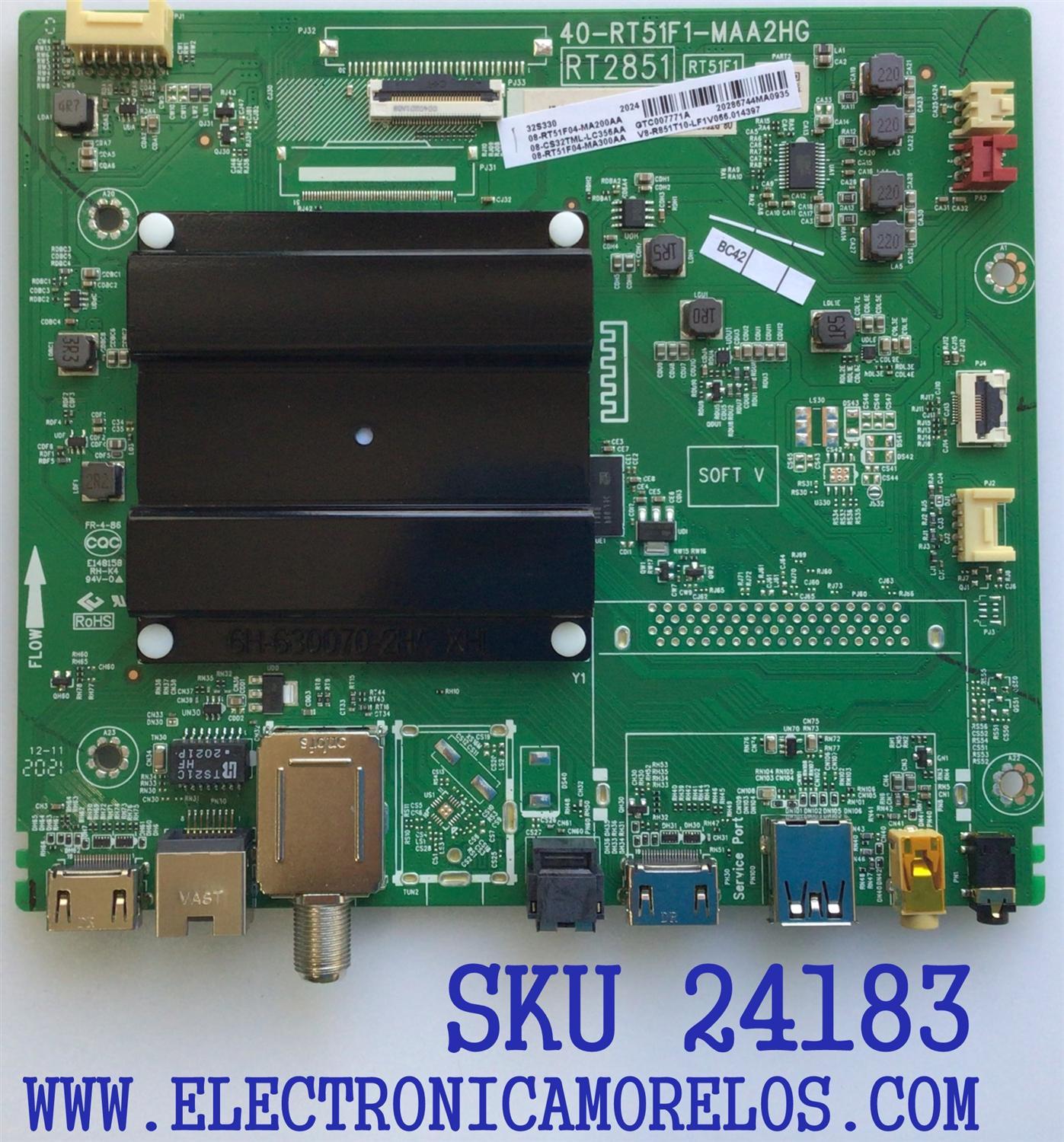 MAIN PARA TV TCL / NUMERO DE PARTE 08-CS32TML-LC356AA / 40-RT51F1-MAA2HG / V8-R851T10-LF1V066 / 08-RT51F04-MA200AA / 08-RT51F04-MA300AA / RT2851 / RT51F1 / PANEL LVW320NDEL / DISPLAY ST3151A07-2 VER.2.3 / MODELO 32S330
