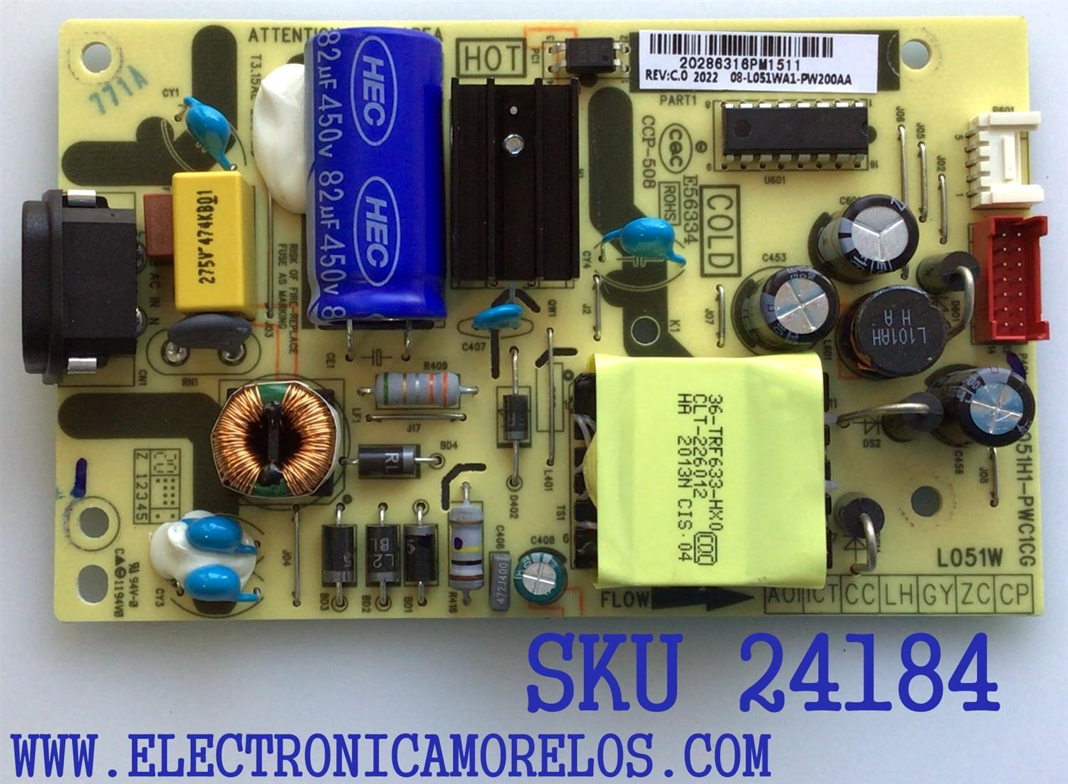 FUENTE DE PODER PARA TV TCL / NUMERO DE PARTE 08-L051WA1-PW200AA / 40-L051H1-PWC1CG / E56334 / PANEL LVW320NDEL CJ9W27 / DISPLAY PT320CT01-3 VER.1.3 / MODELOS 32S330 / 32S327