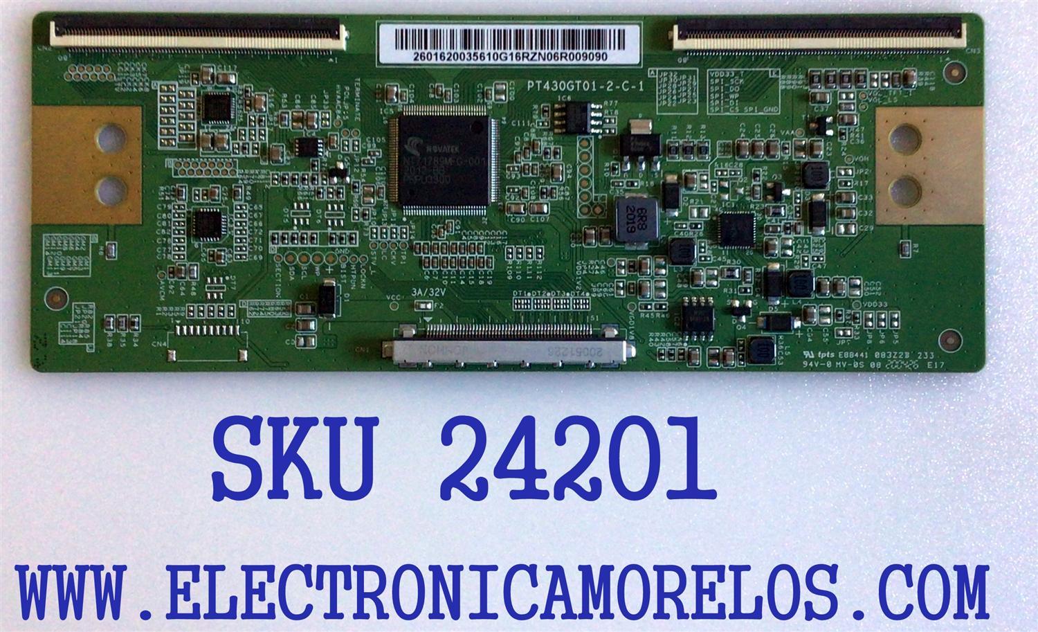 T-CON PARA TV VIZIO / NUMERO DE PARTE PT430GT01-2-C-1 / 2601620035 / 2601620036 / 2601620049 / 2601620048 / 2601620044 / 2601620048 / 083Z2B / PANEL TPT430B5 / TPT430WR / MODELOS V435-H11 / V435-H1 LTN5ZG / V435-H1 LTM5ZG / 43LF621U21 / NS-43DF710NA21