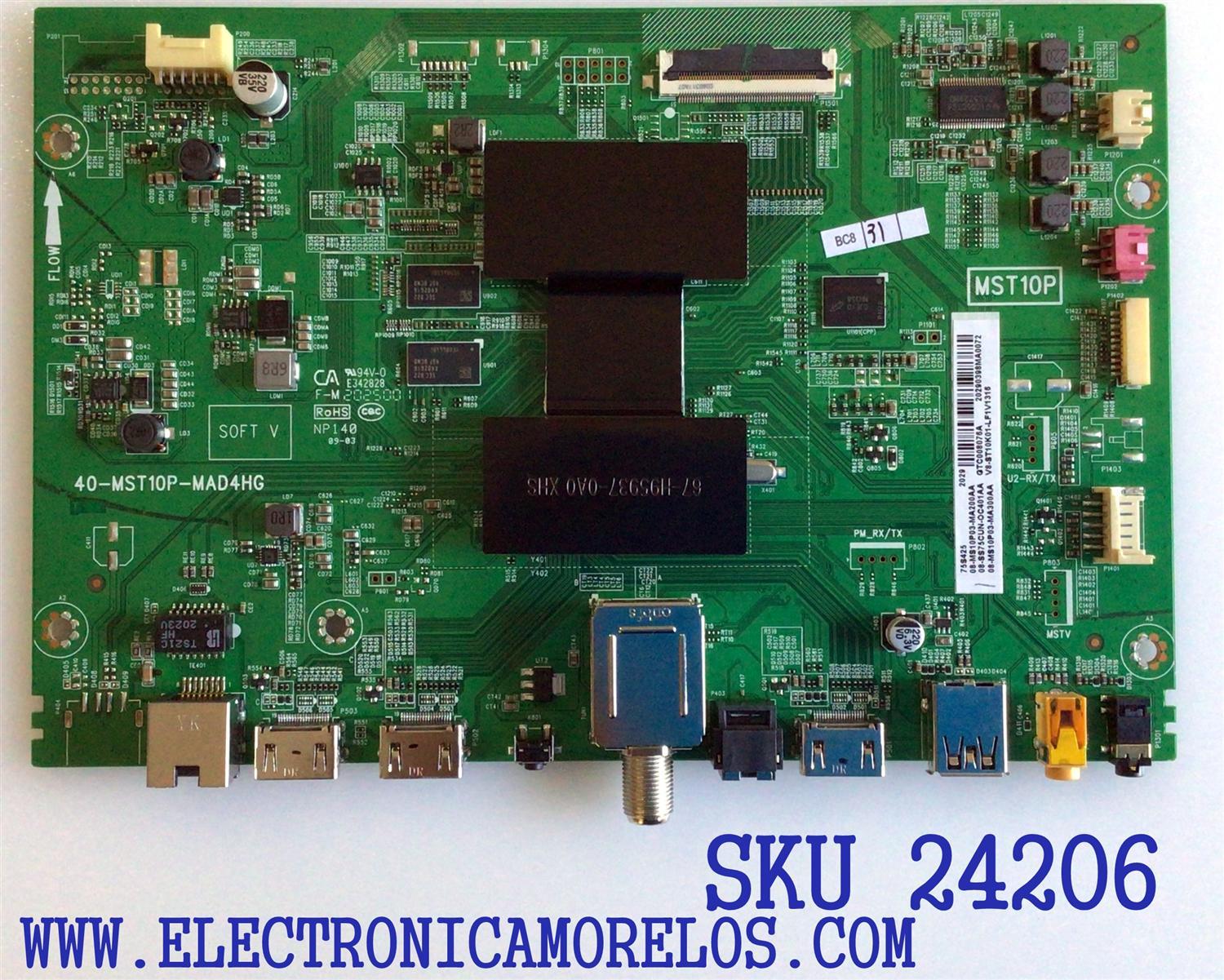 MAIN PARA TV TCL / NUMERO DE PARTE 08-SS75CUN-OC401AA / 40-MST10P-MAD4HG / V8-ST10K01-LF1V1316 / 08-MS10P03-MA200AA / 08-MS10P03-MA300AA / MST10P / PANEL LVU750NDBL SD9W01  / MODELOS 75S425 / 75S421