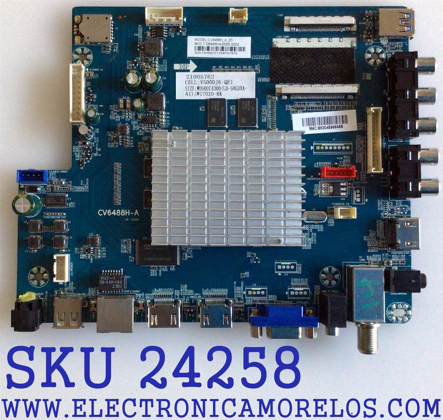 MAIN PARA TV ELEMENT / NUMERO DE PARTE W17020-KK / CV6488H-A / LD-50GDXA-A1 / WD50UC4300 / 7.D6488HA2000.0002 / V500DJ6-QE1 / CV6488H-A-20 / MODELO E4SFT5017 K7C4M