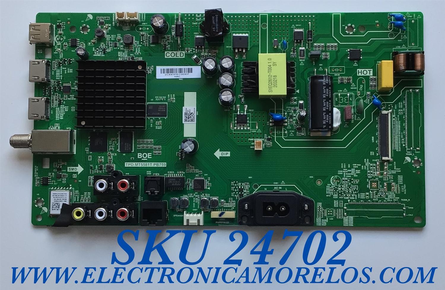 MAIN FUENTE PARA TV VIZIO NUMERO DE PARTE 60103-00625 / TDP.MT5581T.PB759 / 4300054011 / 2C641F / PANEL BOEI320WU1 / MODELO D32F-G4 LBVAQP / D32F-G4