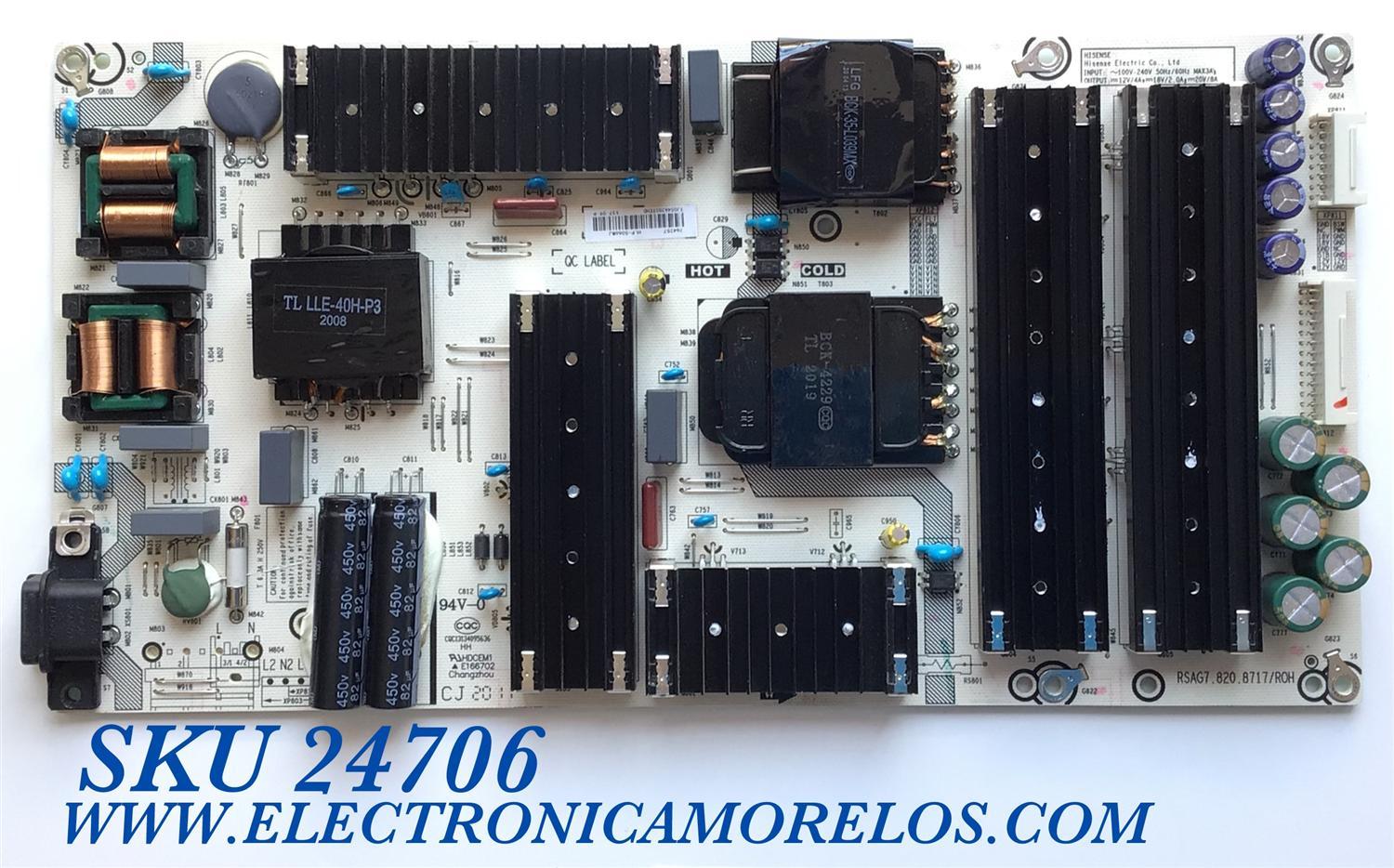 FUENTE DE PODER PARA TV HISENSE / NUMERO DE PARTE 264257 / RSAG7.820.8717/ROH / HPL-5066WJ / PANEL JHD500X3U51-TA\S0\FJ\GM\ROH / MODELO 50H8G