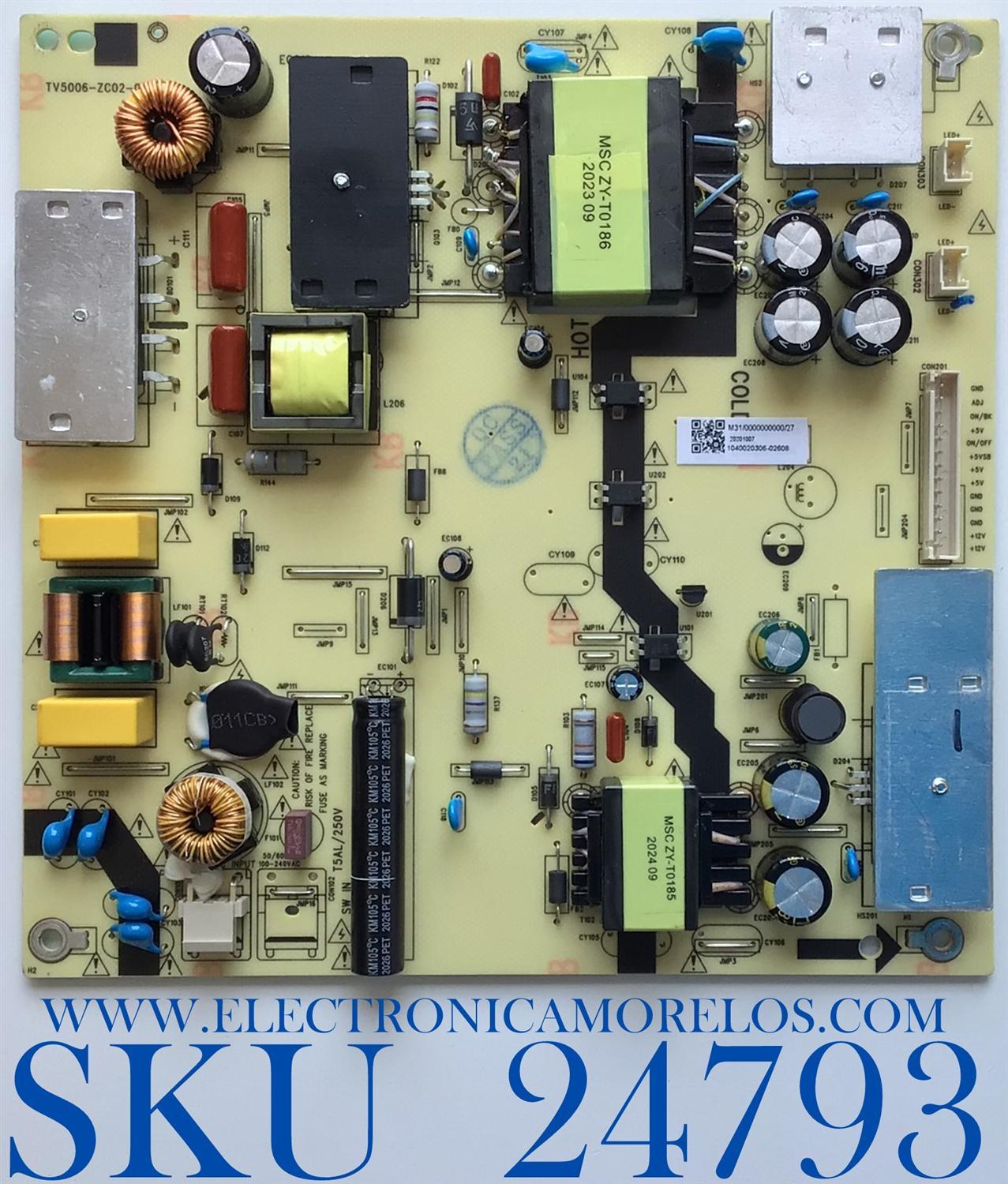 FUENTE DE PODER PARA TV WESTINGHOUSE·ROKU TV 4K SMART TV / NUMERO DE PARTE TV5006-ZC02-02 / E021M431-H1 / E168066 / PANEL´S CC580PV4D / CC580PV7D / MODELO WR58UX4019 / ((NOTA IMPORTANTE:CHECAR QUE EL PANEL Y MODELO CORRESPONDA CON SU TELEVISION))