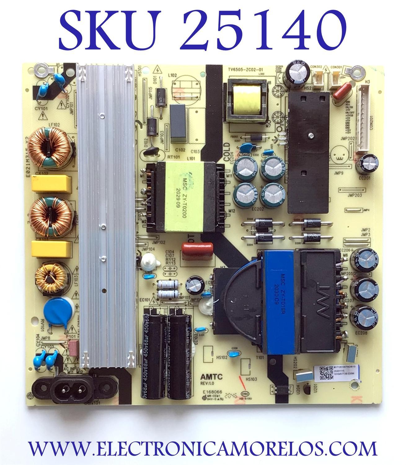 FUENTE DE PODER PARA TV JVC·ROKU TV 4K SMART TV / NUMERO DE PARTE TV6505-ZC02-01 / E021M315-X2 / 2010075628 / 20201115 / 1010457728 / MODELOS LT-58MAW705 / LT-65MAW705 / ((NOTA IMPORTANTE:CHECAR QUE EL PANEL Y MODELO CORRESPONDA CON SU TELEVISION))