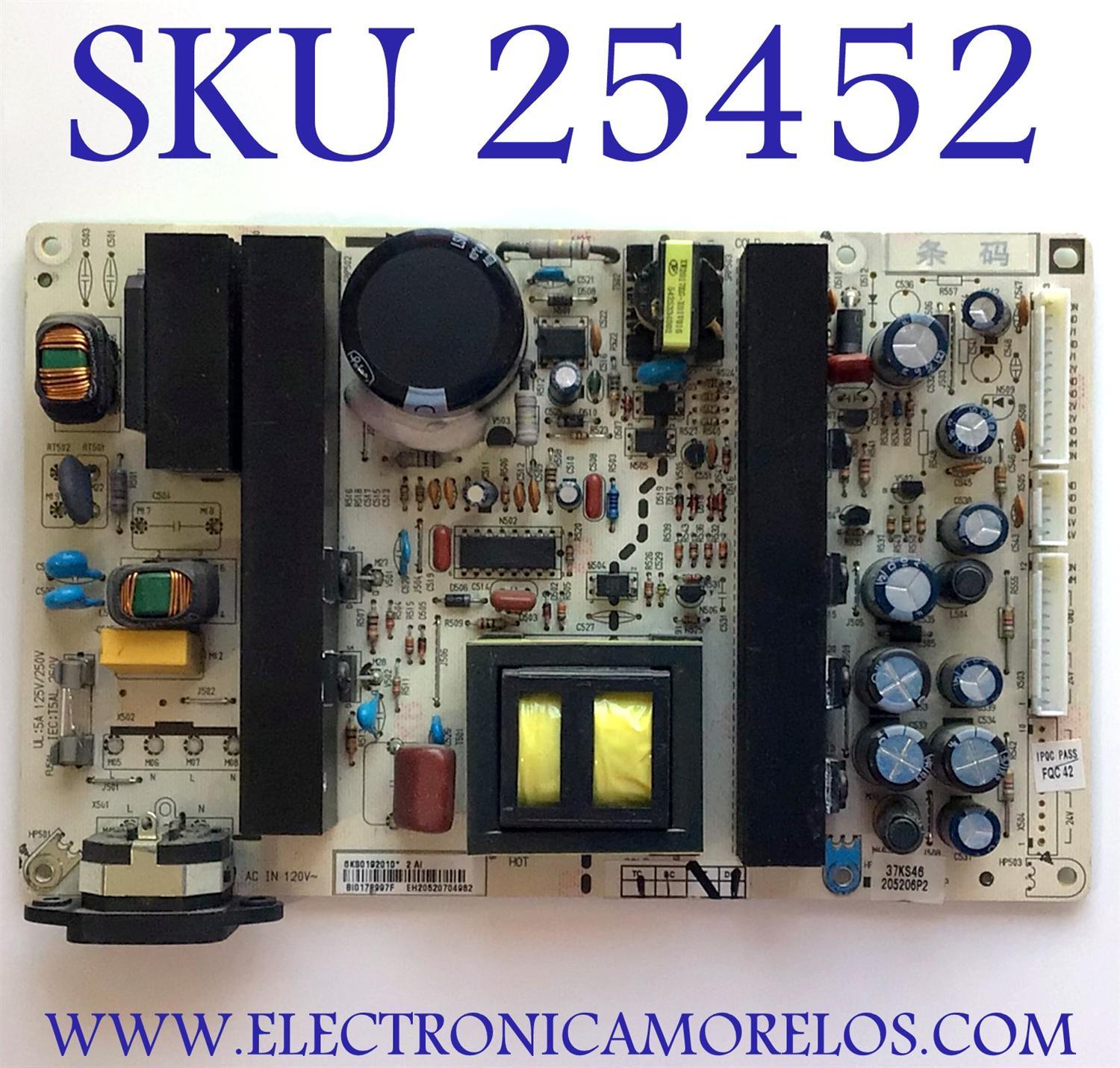 FUENTE DE PODER PARA TV DINEX / NUMERO DE PARTE 6KS0192010 / 569KT0120A / PANEL V370B1-L03 / MODELO DX-37L130A11