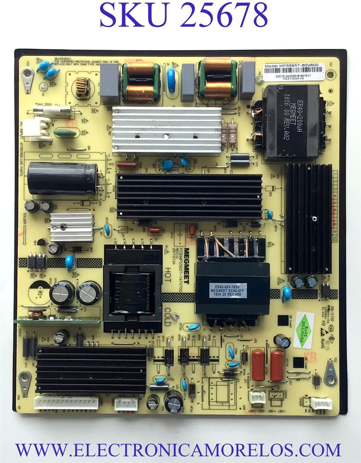 FUENTE DE PODER PARA TV WESTINGHOUSE SMART TV / NUMERO DE PARTE MP5565T-80V600 / MP5565T-147V700 / E255554 / KB-5150 / 104100015 / MODELO WG43UX4100
