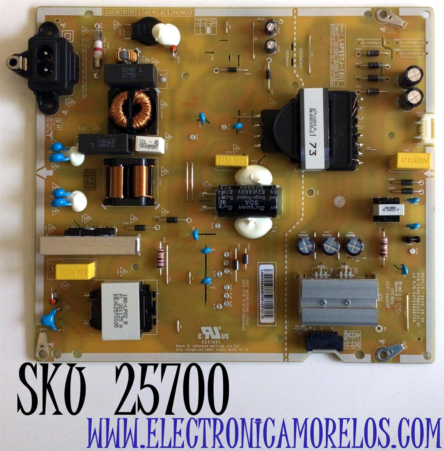 FUENTE DE PODER PARA TV LG SMART TV / NUMERO DE PARTE EAY64948708 / EAX67865202 / LGP55TJ-18U1 / 64948708 / EAX67865202(1.0) / PLDK-L703C / 3PCR02264C / PANEL NC550DGG-AAGPA / MODELOS 55UN6950ZUA / 55UN6950ZUA.BUSWLKR / 55UN7000PUB.BUSWLKR