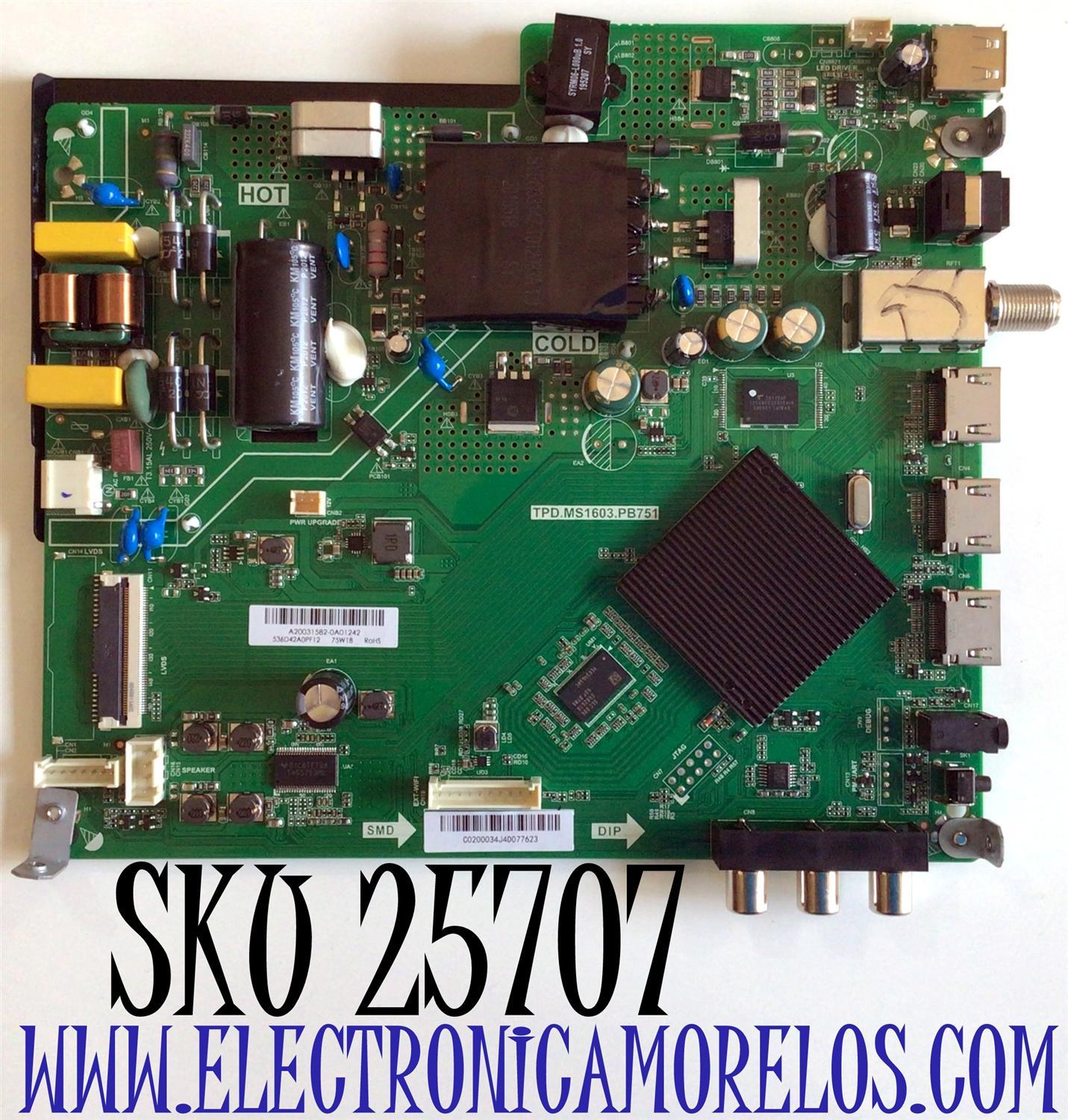 MAIN FUENTE (COMBO) PARA TV ONN DE 42'' ROKU TV FHD RESOLUCION (1920×1080) SMART TV / NUMERO DE PARTE 515Y16031M28 / TPD.MS1603.PB751 / 2230000091 / 536D42A0PF12 / M20003-MT / A20031582-0A01242 / C0200034J4D077623 / PANEL JE415D3HA0L / MODELO 100018254