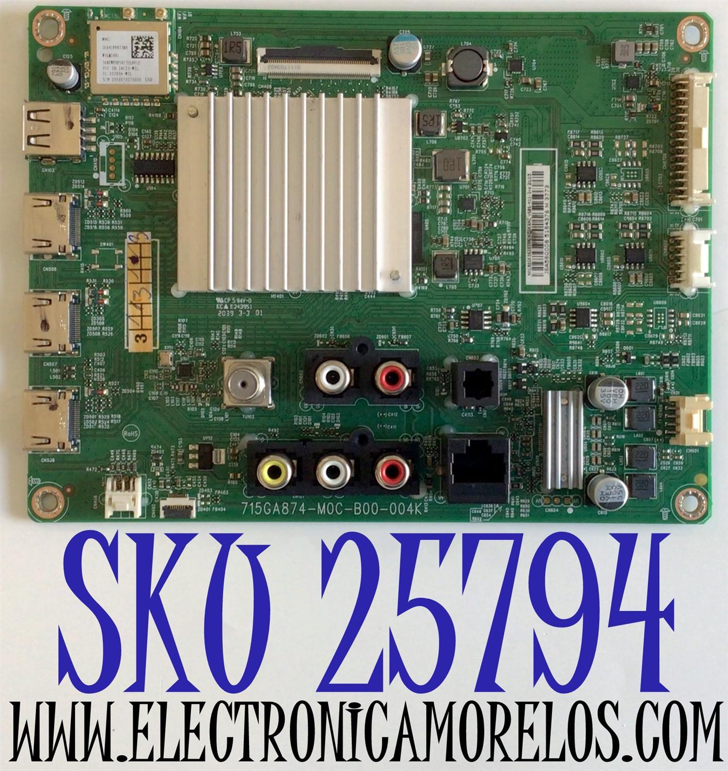 MAIN PARA TV VIZIO 4K HDR SMART TV / NUMERO DE PARTE 756TXKCB02K052 / XKCB02K052 / 715GA874-M0C-B00-004K / 715GA874-M0C-B00-004C / XKCB02K052020X / PANEL TPT580F2-PV5D.Q REV:S01P / MODELO V585-H11 / V585-H11 LTYDZI / V585-H11 LTYDZINX