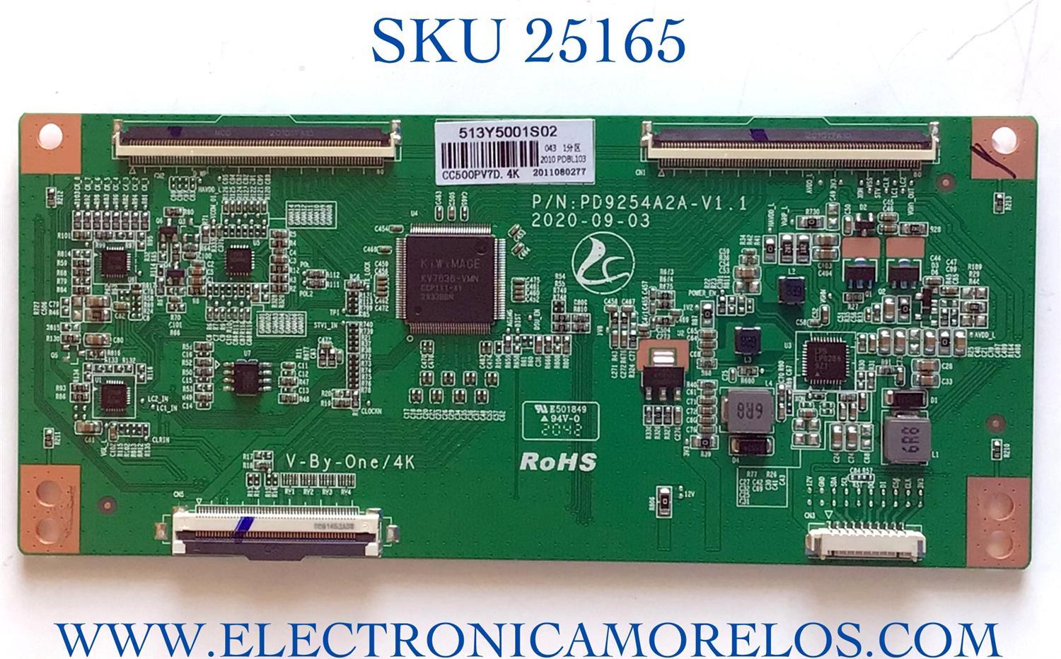 T-CON ORIGINAL PARA TV JVC / NUMERO DE PARTE 513Y5001S02 / PD9254A2A / PD9254A2A-V1.1 / CC500PV7D.4K / 2011080277 / PANEL CC500PV7D / MODELO LT-50MAW705 / ((NOTA IMPORTANTE:CHECAR QUE EL PANEL Y MODELO CORRESPONDA CON SU TELEVISION))