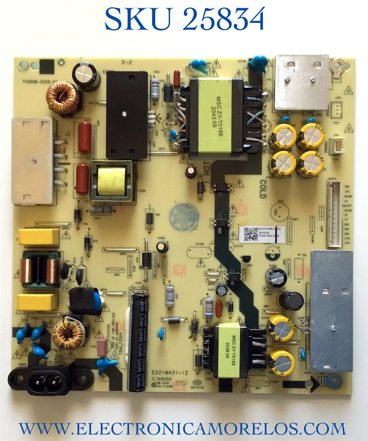 FUENTE DE PODER PARA TV JVC ORIGINAL / NUMERO DE PARTE 514C5006M74 / TV5006-ZC02-02 / E021M431-I2 / E021M431-12 / E168066 / PANEL CC500PV7D VER.03 / MODELO LT-50MAW705